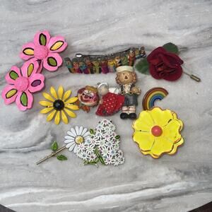 12 PC Vintage Costume Jewelry Lot Enamel Flower Brooches, MCM Pins Crafter